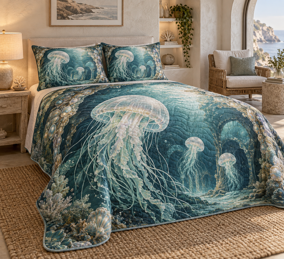 One quilted bedding set with original Jellyfish Selenite Cove optical-depth print.