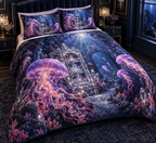 One quilted bedding set with original Jellyfish Prism Cabinet optical-depth print.