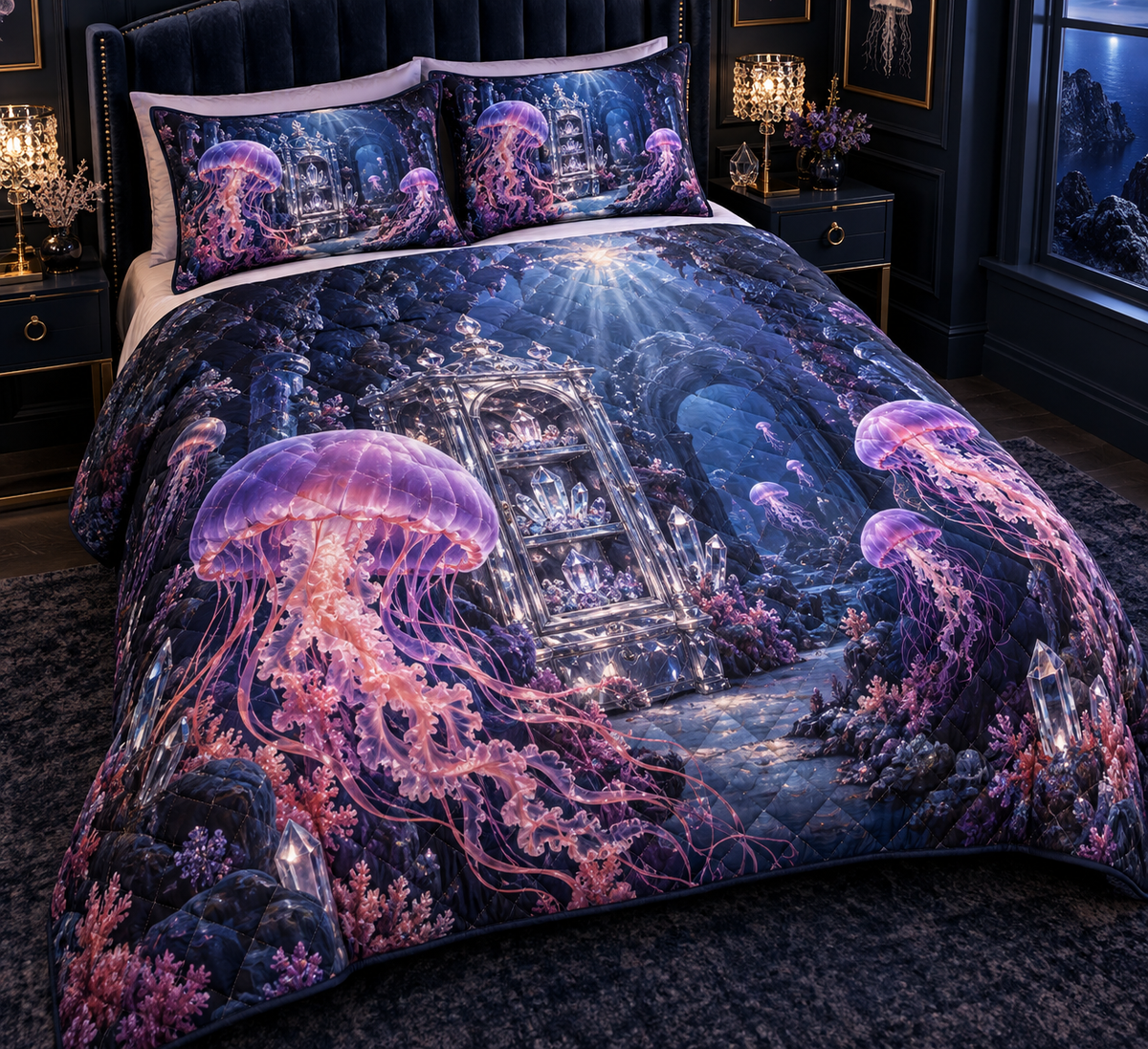One quilted bedding set with original Jellyfish Prism Cabinet optical-depth print.