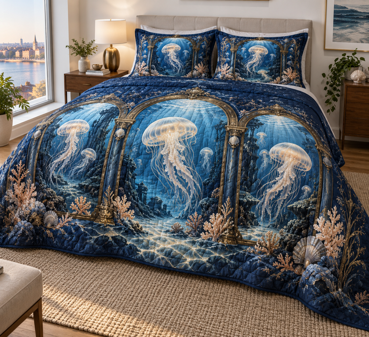 One quilted bedding set with original Jellyfish Tidal Triptych optical-depth print.