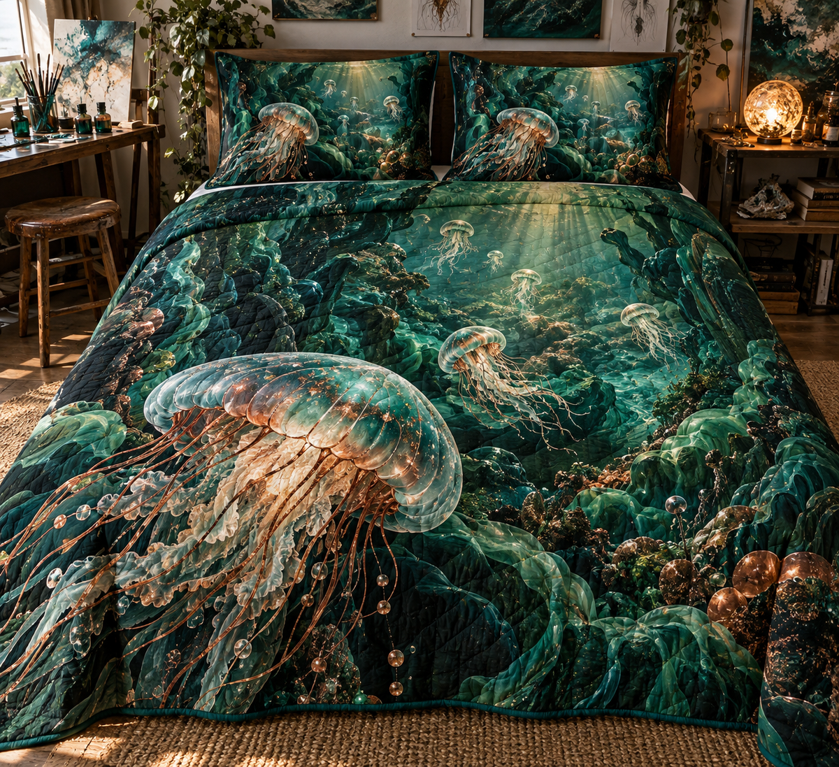 One quilted bedding set with original Jellyfish Ink Atelier optical-depth print.
