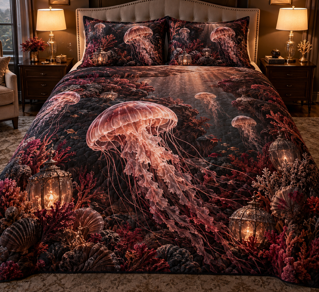 One quilted bedding set with original Jellyfish Garnet Lantern optical-depth print.