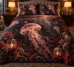 One quilted bedding set with original Jellyfish Garnet Lantern optical-depth print.