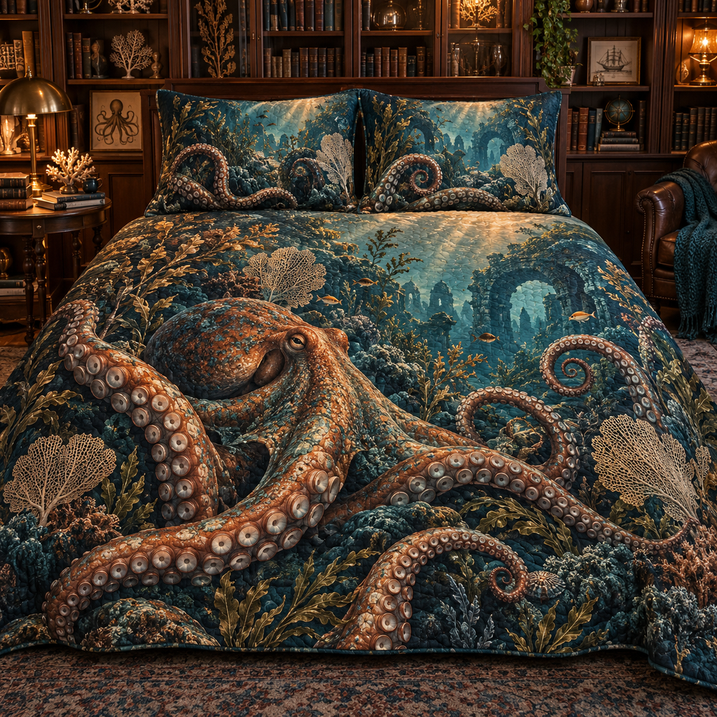 One quilted bedding set with original Octopus Library Reef optical-depth print.