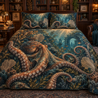 One quilted bedding set with original Octopus Library Reef optical-depth print.