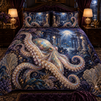 One quilted bedding set with original Octopus Opal Nocturne optical-depth print.