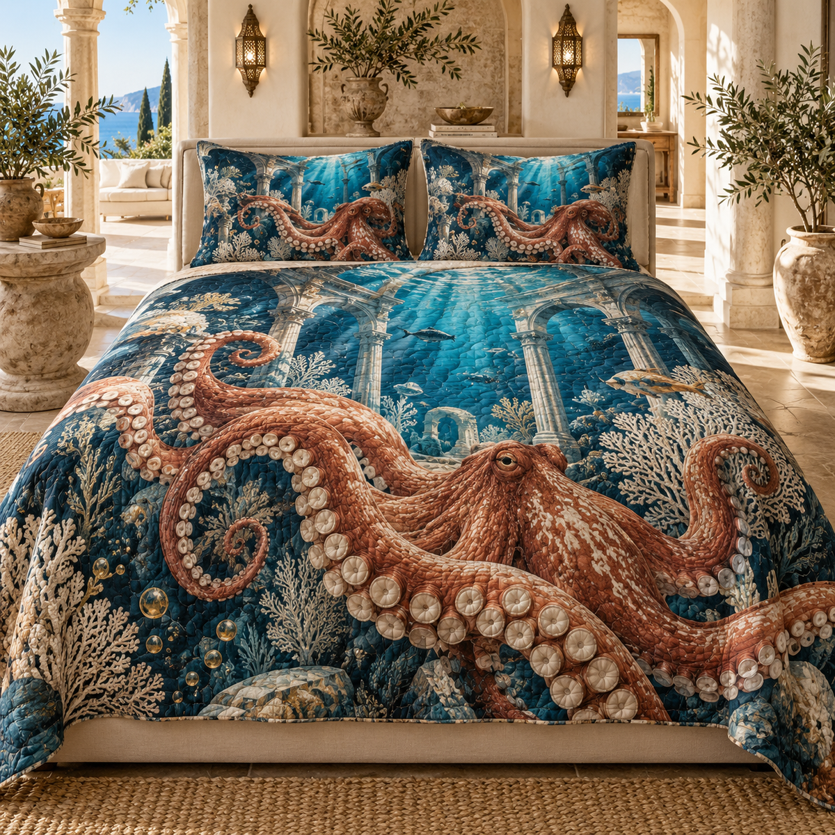 One quilted bedding set with original Octopus Terracotta Atrium optical-depth print.