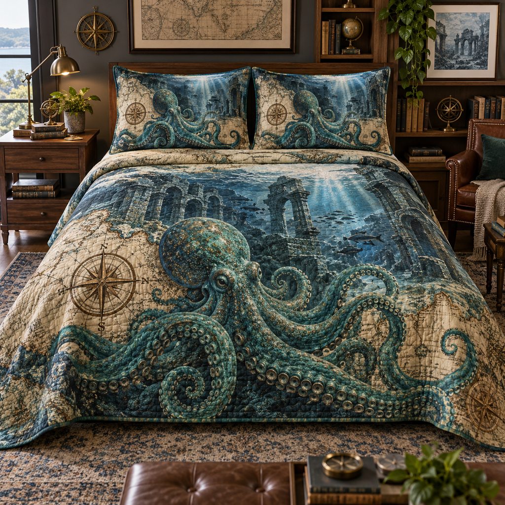 One quilted bedding set with original Octopus Verdigris Atlas optical-depth print.