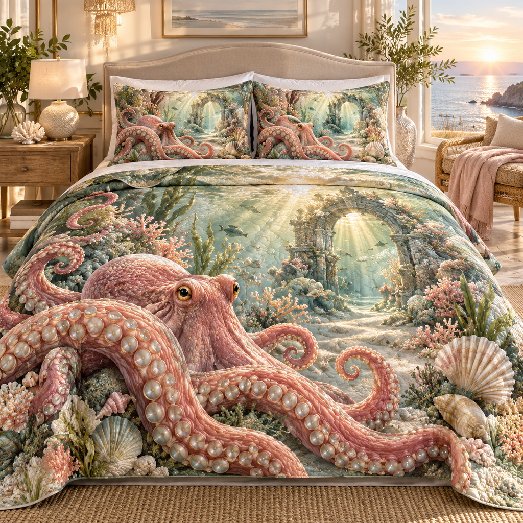 One quilted bedding set with original Octopus Sunrise Haven optical-depth print.