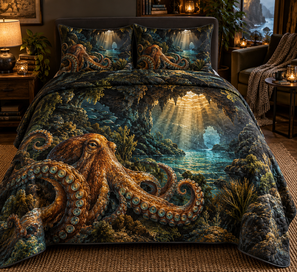 One quilted bedding set with original Octopus Amber Grotto optical-depth print.