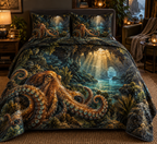 One quilted bedding set with original Octopus Amber Grotto optical-depth print.