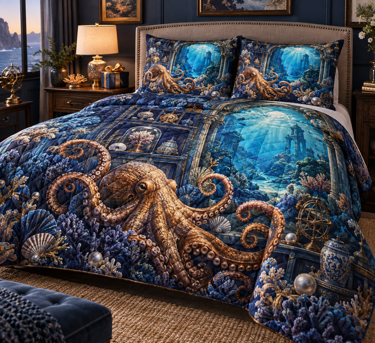 One quilted bedding set with original Octopus Midnight Cabinet optical-depth print.
