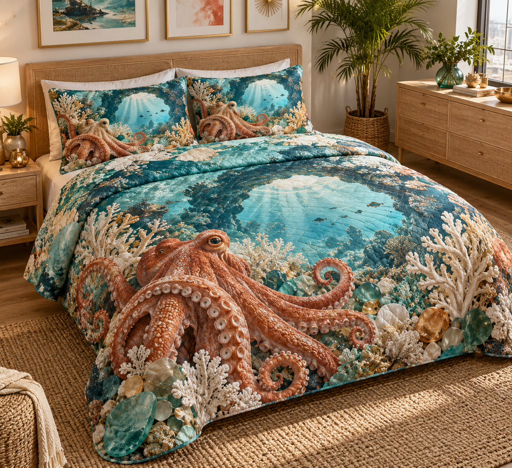 One quilted bedding set with original Octopus Sea-Glass Gallery optical-depth print.