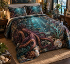 One quilted bedding set with original Octopus Verdigris Atelier optical-depth print.