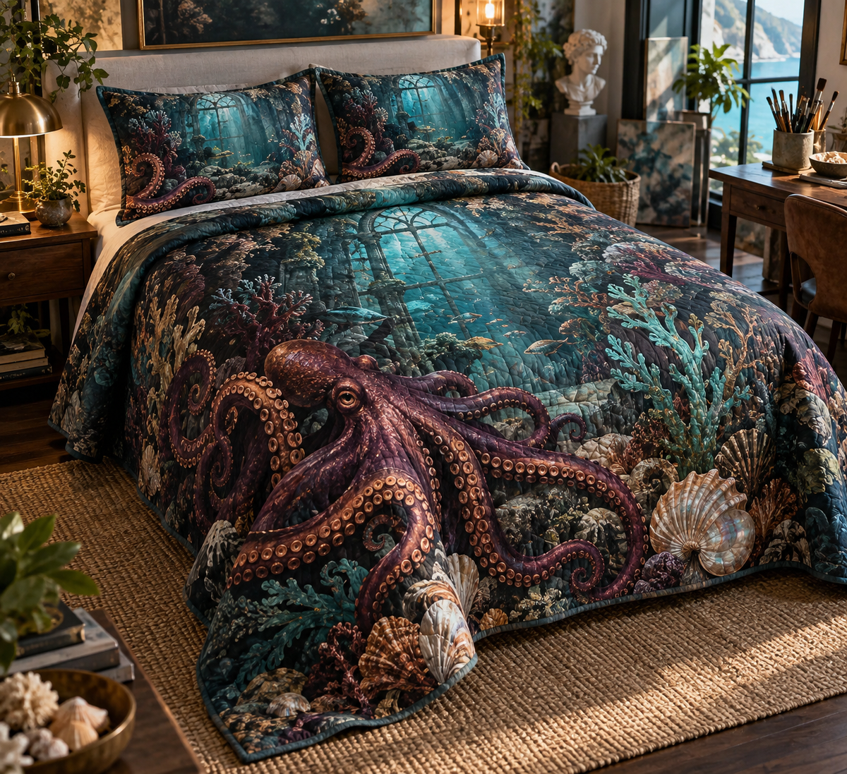 One quilted bedding set with original Octopus Verdigris Atelier optical-depth print.