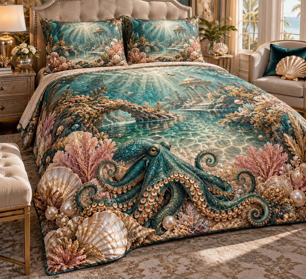 One quilted bedding set with original Octopus Golden Lagoon optical-depth print.