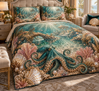 One quilted bedding set with original Octopus Golden Lagoon optical-depth print.