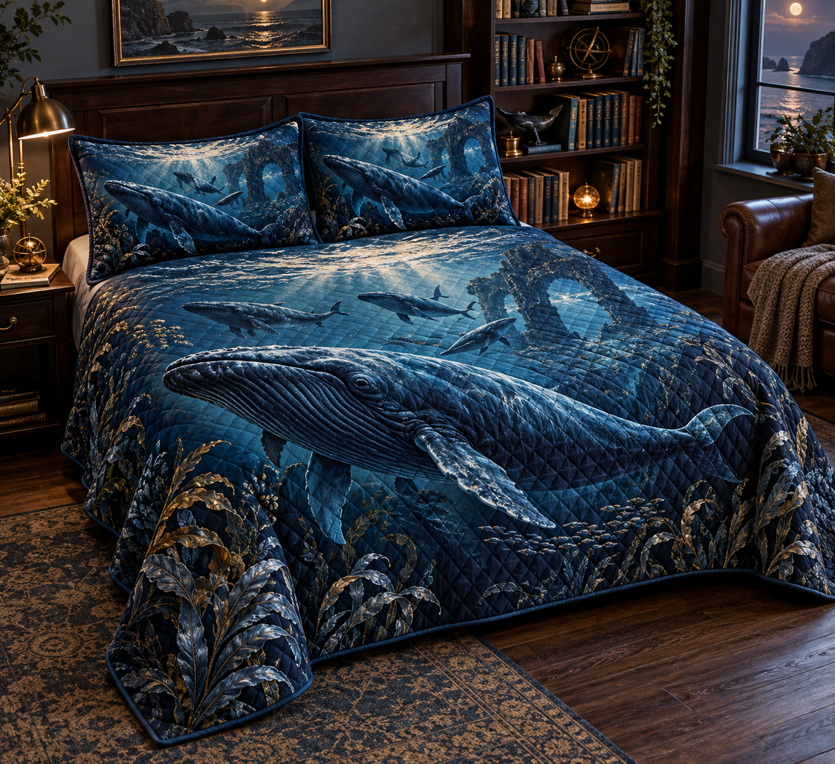 One quilted bedding set with original Whale Migration Midnight Library optical-depth print.