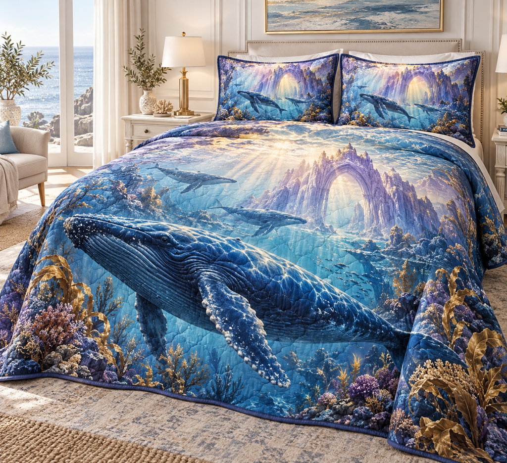 One quilted bedding set with original Whale Migration Aurora Cathedral optical-depth print.