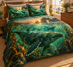 One quilted bedding set with original Whale Migration Emerald Horizon optical-depth print.