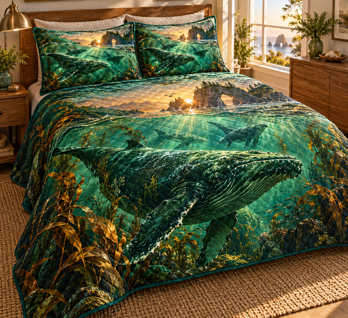 One quilted bedding set with original Whale Migration Emerald Horizon optical-depth print.