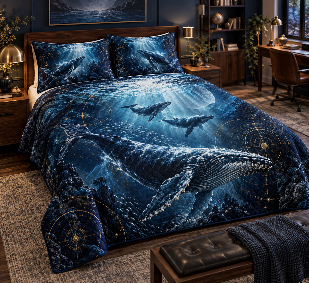 One quilted bedding set with original Whale Migration Celestial Current optical-depth print.