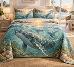 One quilted bedding set with original Whale Migration Welcome Cove optical-depth print.