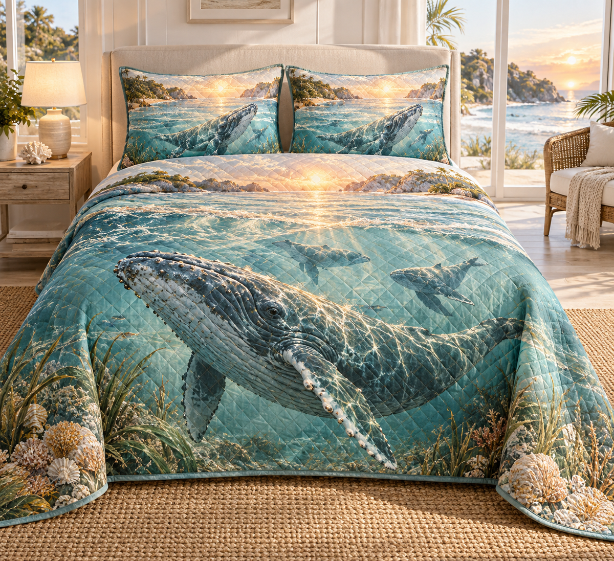 One quilted bedding set with original Whale Migration Welcome Cove optical-depth print.