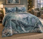 One quilted bedding set with original Whale Migration Moonlit Sanctuary optical-depth print.