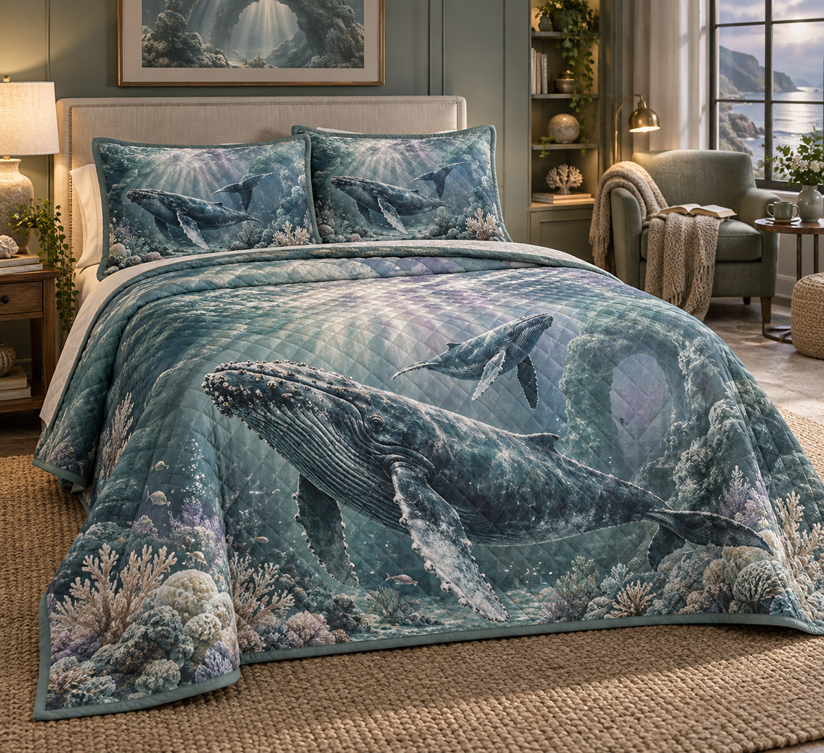 One quilted bedding set with original Whale Migration Moonlit Sanctuary optical-depth print.