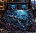 One quilted bedding set with original Whale Migration Sapphire Reliquary optical-depth print.