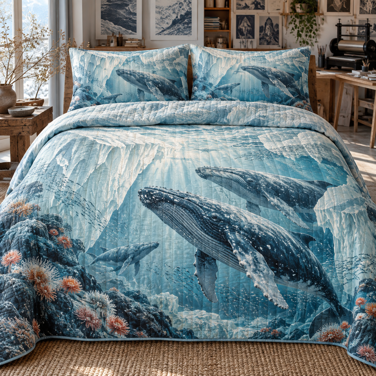 One quilted bedding set with original Whale Migration Polar Atelier optical-depth print.