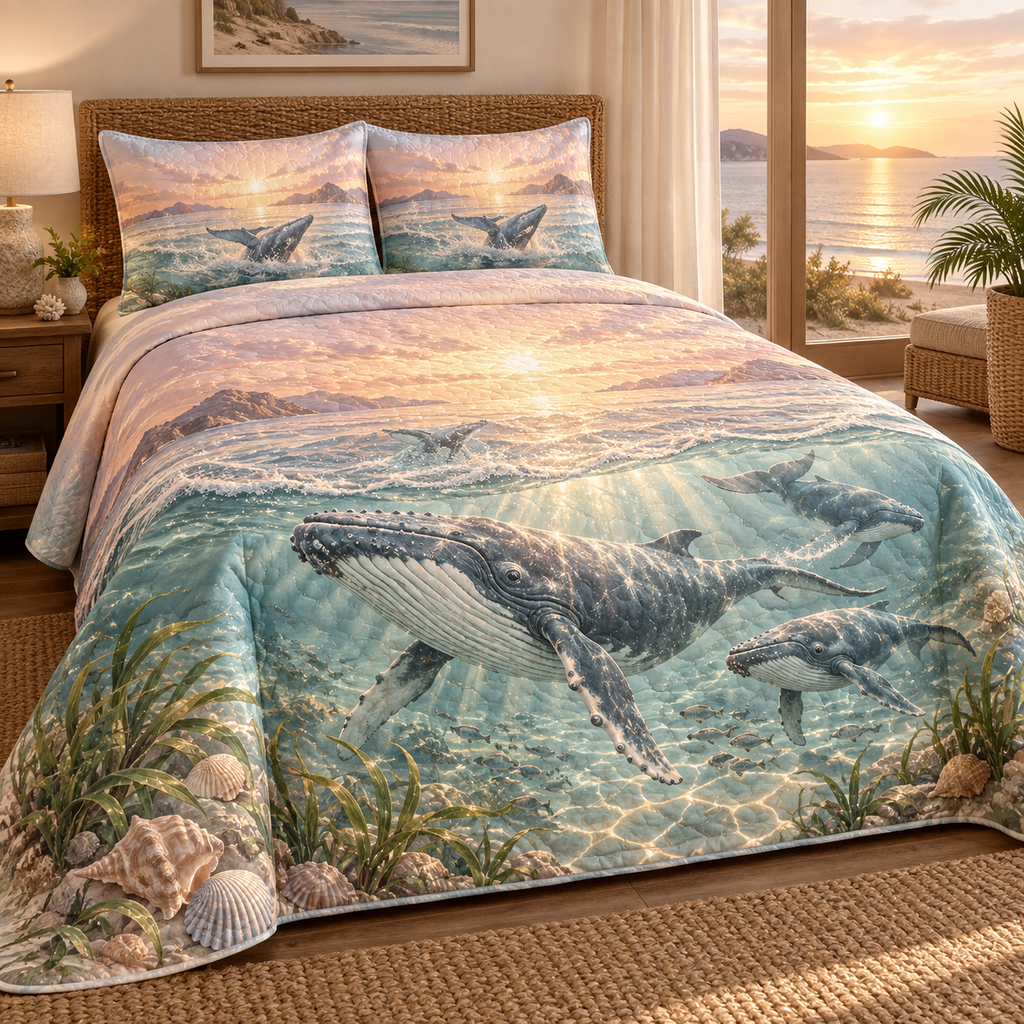 One quilted bedding set with original Whale Migration Rosewater Welcome optical-depth print.