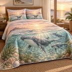 One quilted bedding set with original Whale Migration Rosewater Welcome optical-depth print.