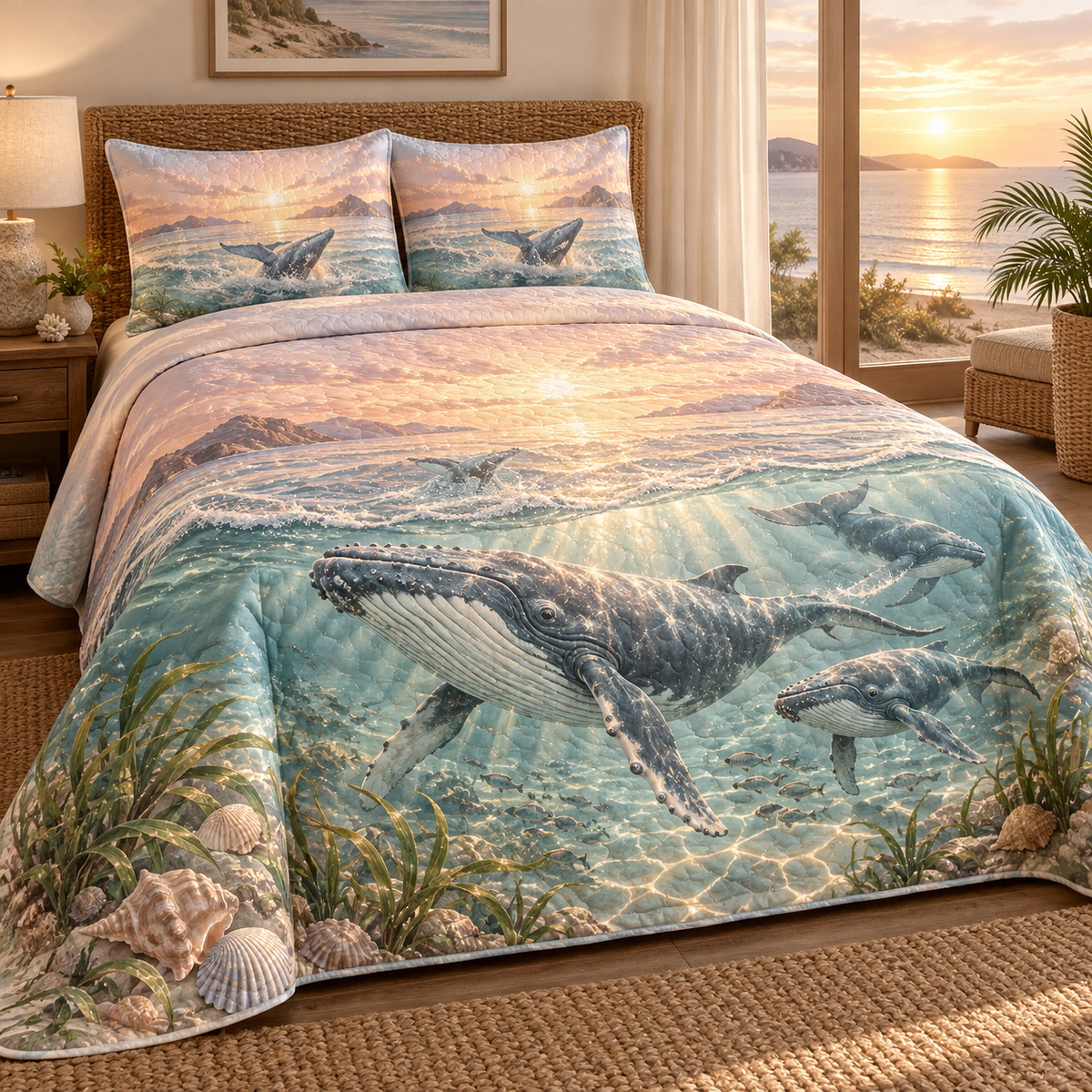 One quilted bedding set with original Whale Migration Rosewater Welcome optical-depth print.