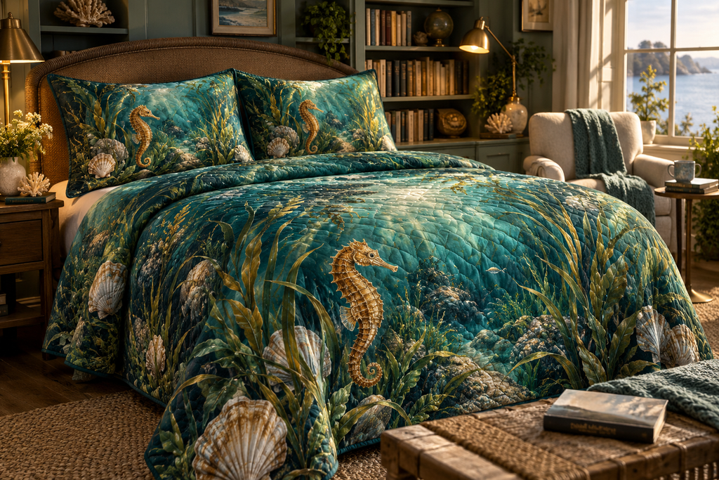 One quilted bedding set with original Seahorse Seagrass Lantern Nook optical-depth print.