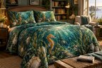 One quilted bedding set with original Seahorse Seagrass Lantern Nook optical-depth print.