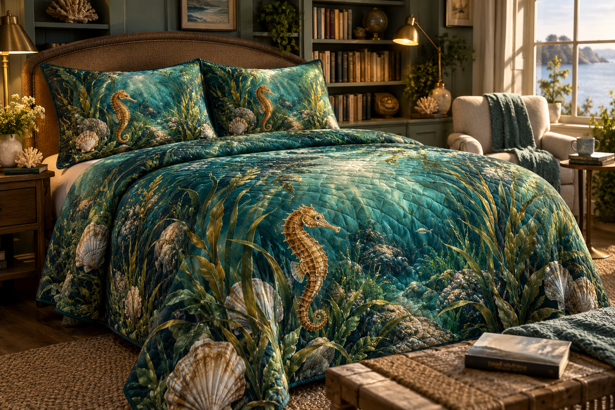 One quilted bedding set with original Seahorse Seagrass Lantern Nook optical-depth print.