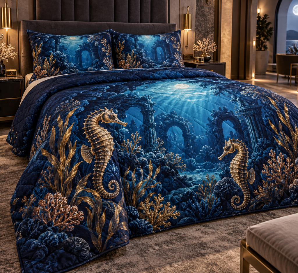 One quilted bedding set with original Seahorse Moonlit Coral Atrium optical-depth print.
