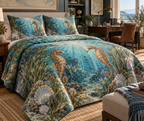 One quilted bedding set with original Seahorse Opal Tidal Archive optical-depth print.