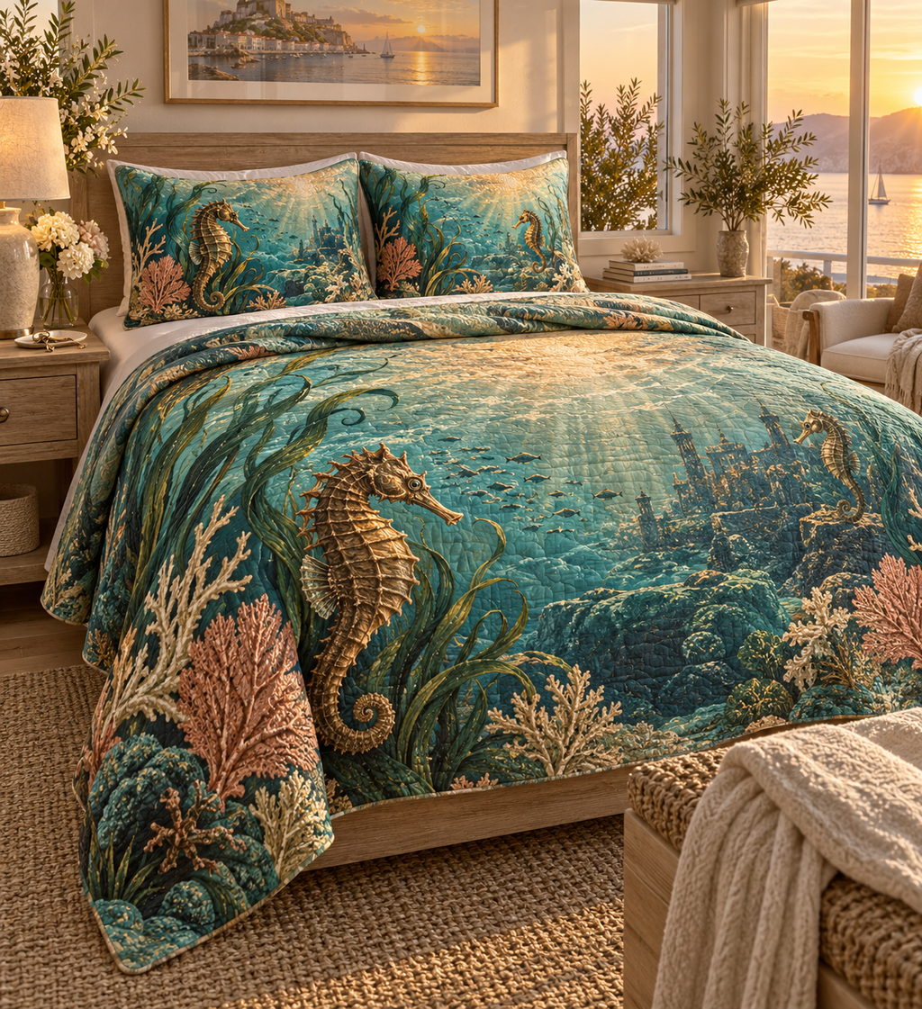 One quilted bedding set with original Seahorse Amber Harbor Welcome optical-depth print.