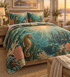 One quilted bedding set with original Seahorse Amber Harbor Welcome optical-depth print.