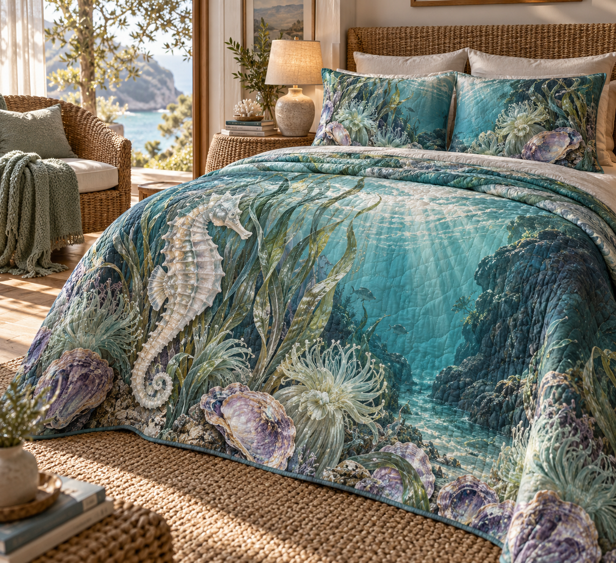 One quilted bedding set with original Seahorse Pearl Cove Reverie optical-depth print.