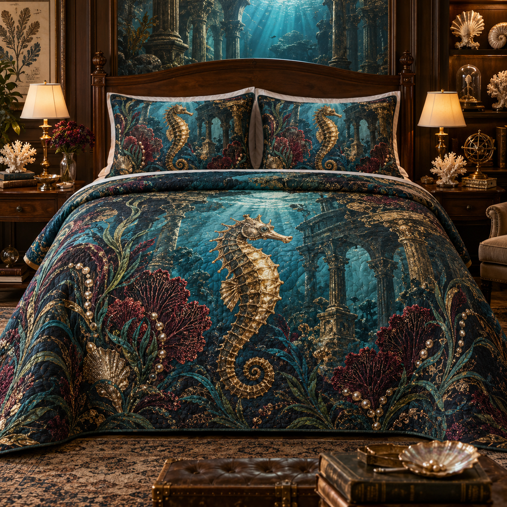 One quilted bedding set with original Seahorse Gilded Abyss Cabinet optical-depth print.