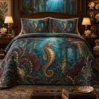 One quilted bedding set with original Seahorse Gilded Abyss Cabinet optical-depth print.