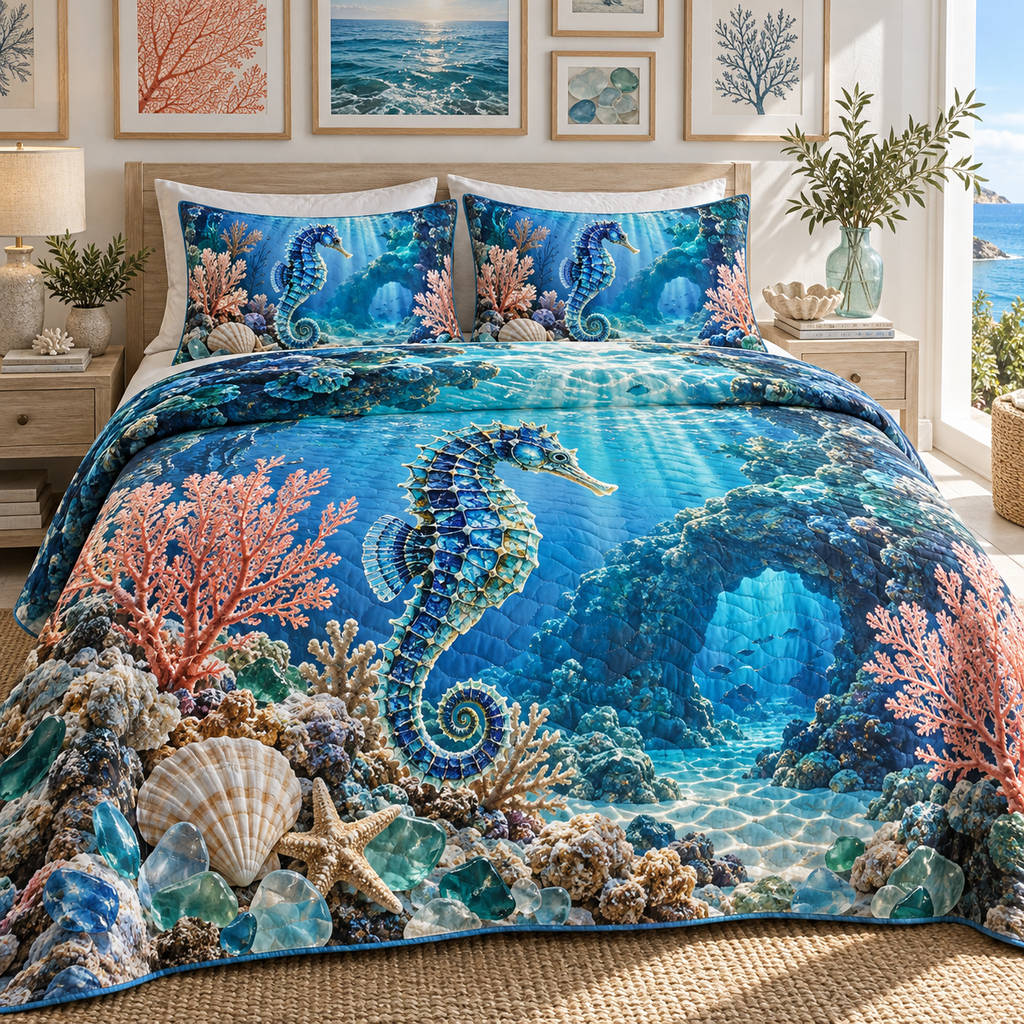 One quilted bedding set with original Seahorse Sea Glass Gallery optical-depth print.