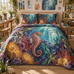 One quilted bedding set with original Seahorse Copper Current Atelier optical-depth print.