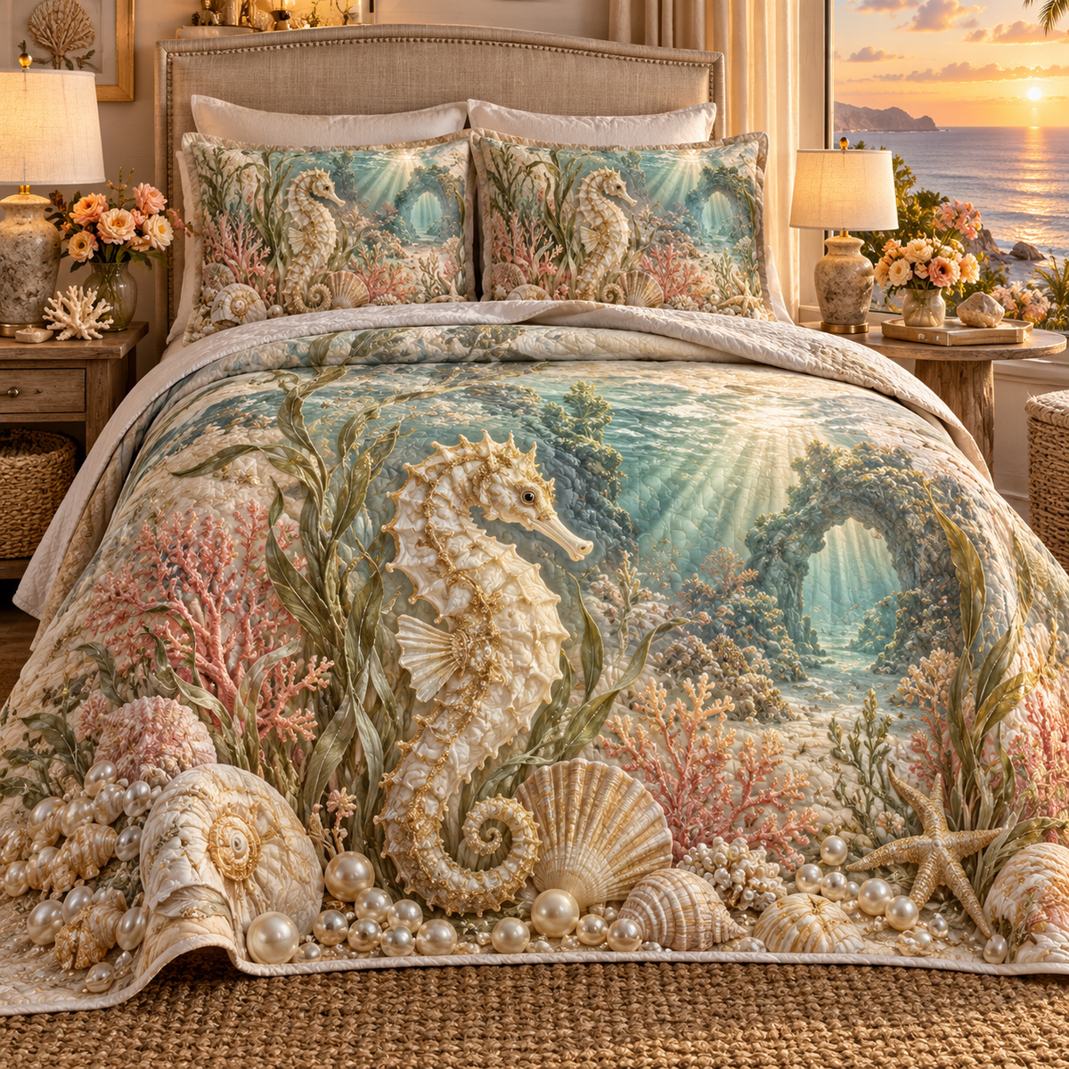 One quilted bedding set with original Seahorse Champagne Tide Welcome optical-depth print.