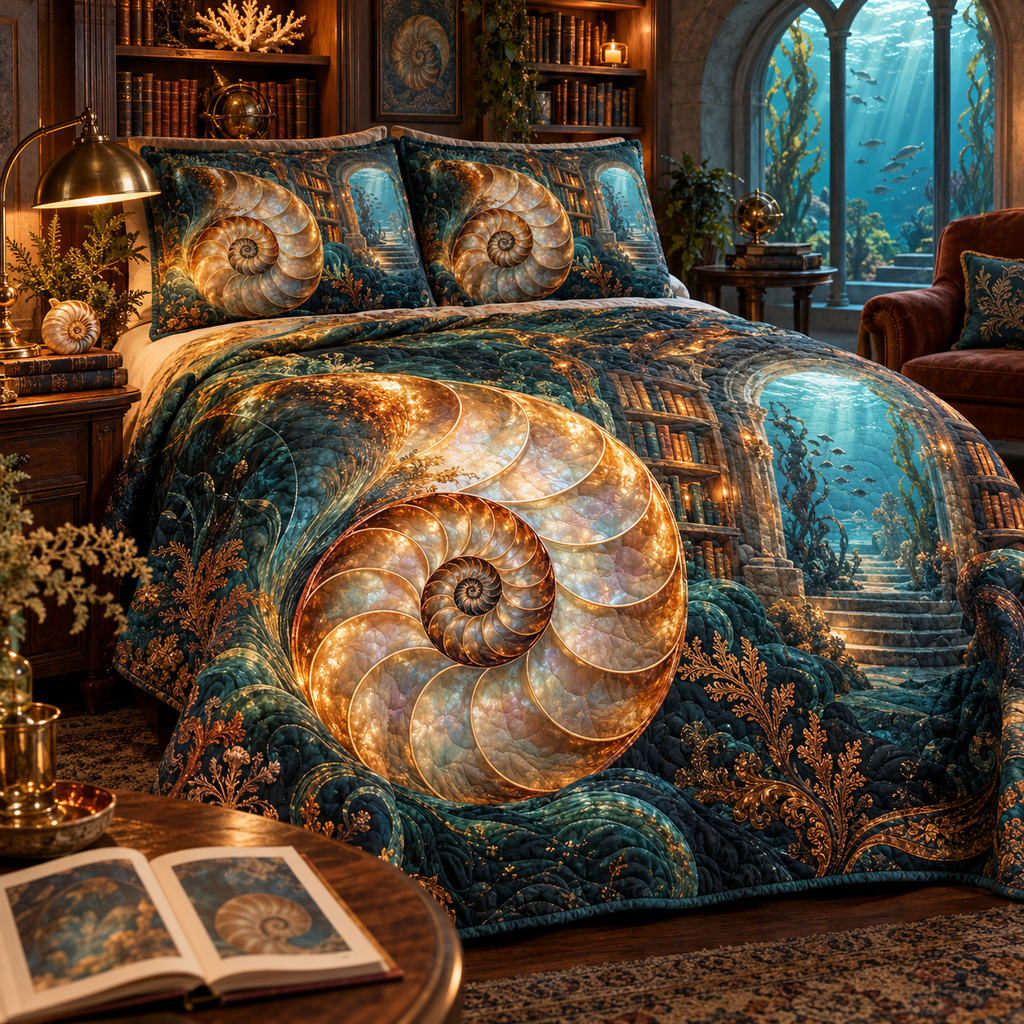 One quilted bedding set with original Nautilus Amber Library optical-depth print.