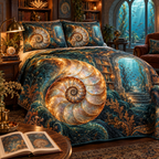 One quilted bedding set with original Nautilus Amber Library optical-depth print.